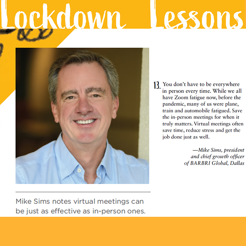 ABAJournal's tweet photo. Lockdown Lessons: What did lawyers learn during the pandemic, and how have they applied that to their professional lives? 13. Learn to love tech. —Mike Sims, president and chief growth officer of BARBRI Global, Dallas
https://t.co/gZA7bjfrhb
#LockdownLessons #COVID #COVID19 https://t.co/l6D5wq2DoA