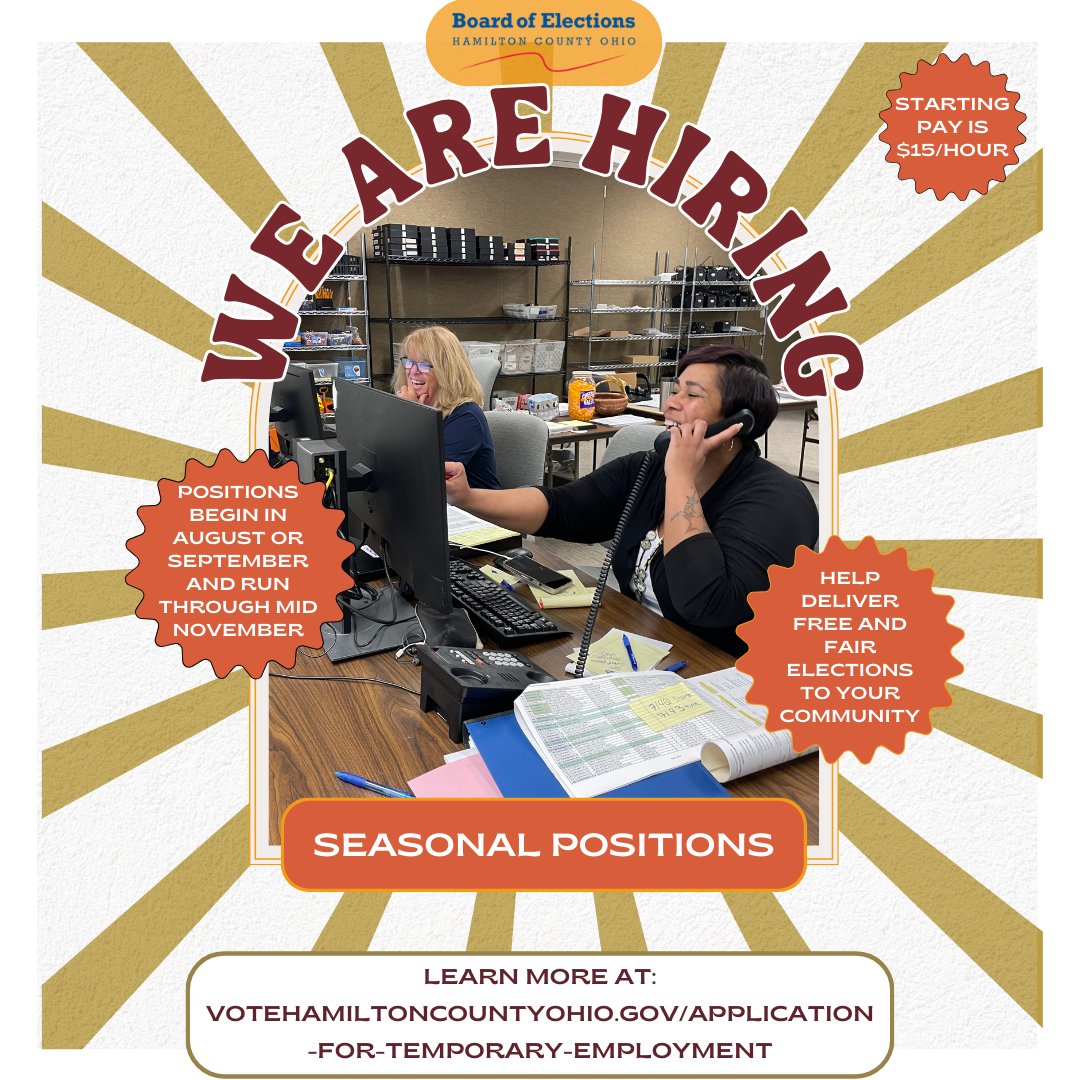 We need seasonal workers for the Presidential Election! If you are interested in applying, visit this link for more information: votehamiltoncountyohio.gov/application-fo…