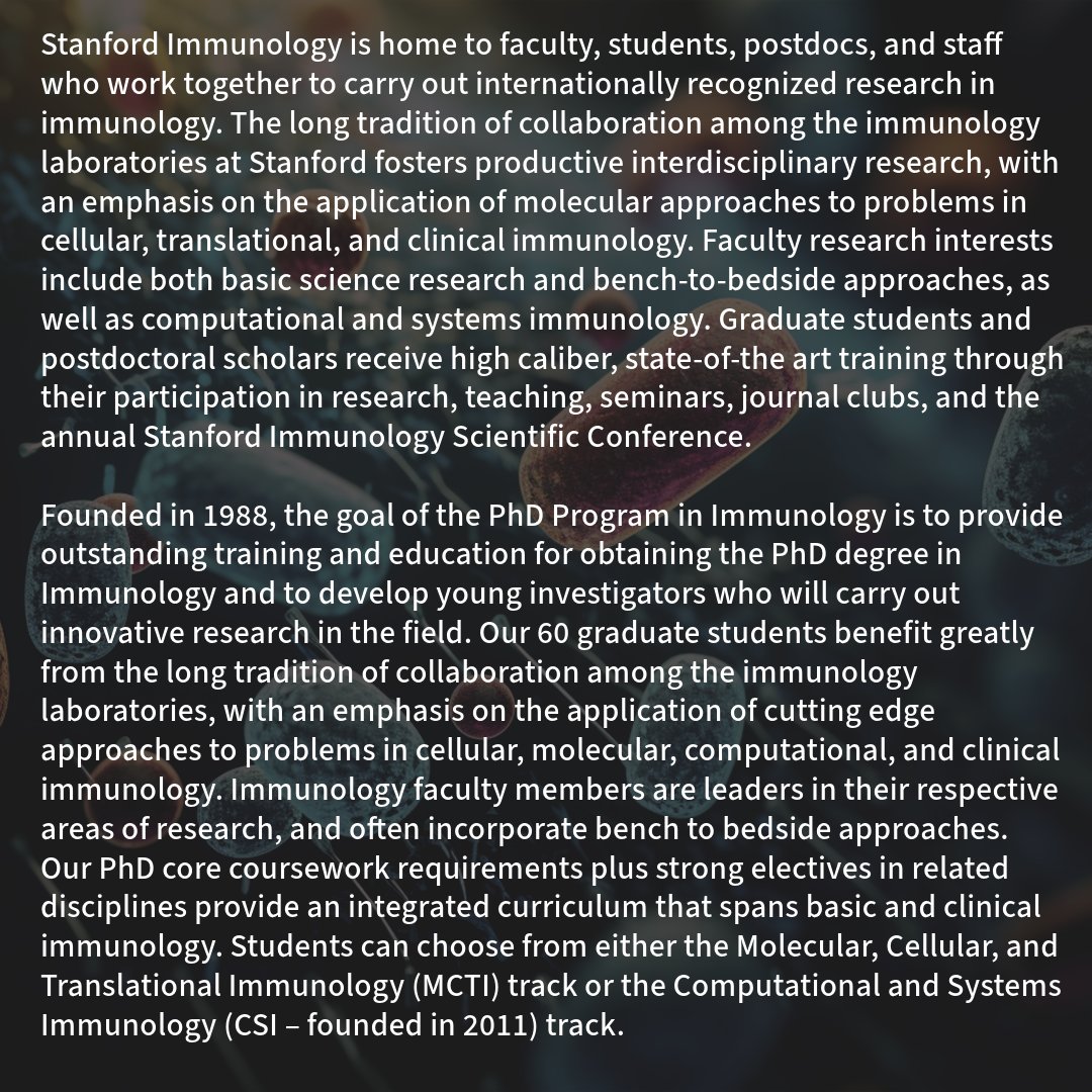 StanfordBiosci's tweet photo. Stanford Biosciences is comprised of 14 home programs. In our #HomeProgramSeries we will be taking a peek at the different departments. Swipe ➡️ to learn about our #Immunology program and faculty. For a #DeepDive visit their website: https://t.co/2pNlzdtHER https://t.co/lXQwt2vE86