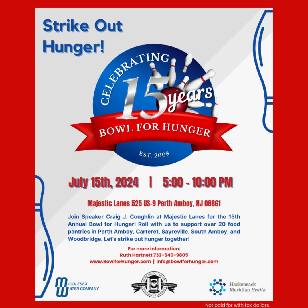 WoodbridgeMCC's tweet photo. Join Speaker Craig J. Coughlin to Strike Out Hunger at the 15th Annual Bowl for Hunger on July 15th! Visit the website for more information: https://t.co/Zusf46MQxl

#bowlforhunger #speakercoughlin #woodbridgenj #strikeouthunger https://t.co/LDmqmnKCtR