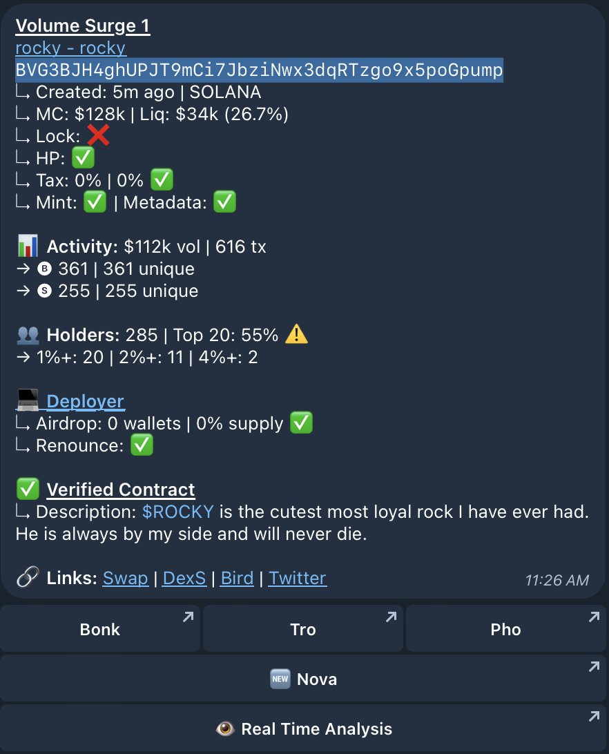 thejungool's tweet photo. The #ROCKY first spotted in our #Solana Volume Surge Alerts at 128k!                      

$ROCKY hits a new ATH of 20.5m for a 160x🪨 

Join us today - https://t.co/musW7QWNUB https://t.co/WxOJ3LZhEg