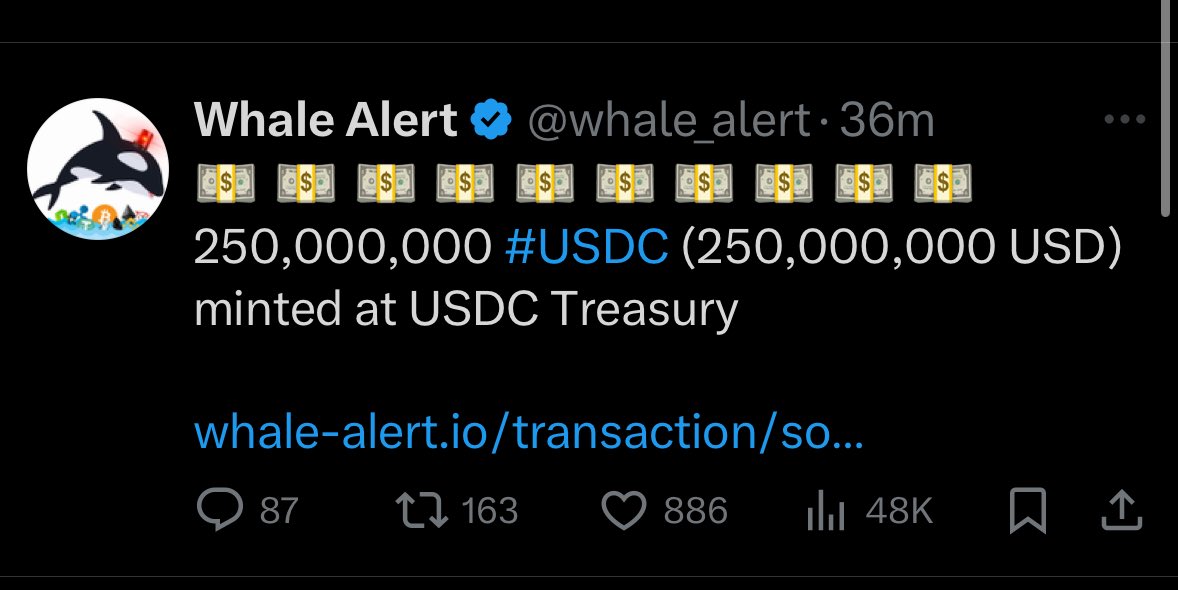 AshCrypto's tweet photo. 🚨 BREAKING 🚨 

$250 MILLION WORTH OF $USDC 
JUST MINTED AT USDC TREASURY.

BULLS ARE BUYING THE DIP 🔥 https://t.co/enVSinZKKo