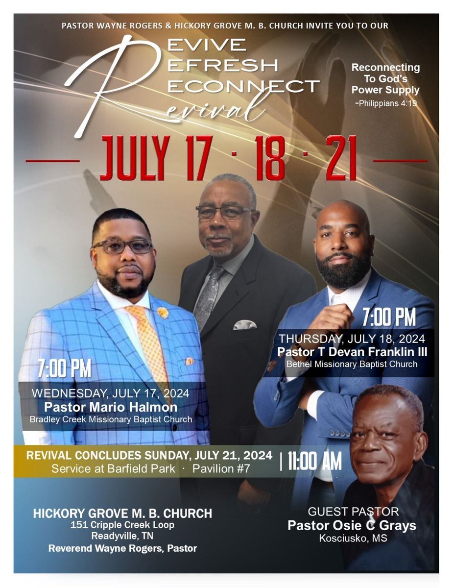 WeAreBethelTN's tweet photo. Bethel family and friends, let’s join Pastor Franklin next week as he brings the word on July 18th at 7 PM CST at Hickory Grove MBC’s Revival! #WeAreBethel https://t.co/XWmmLbP5Vm