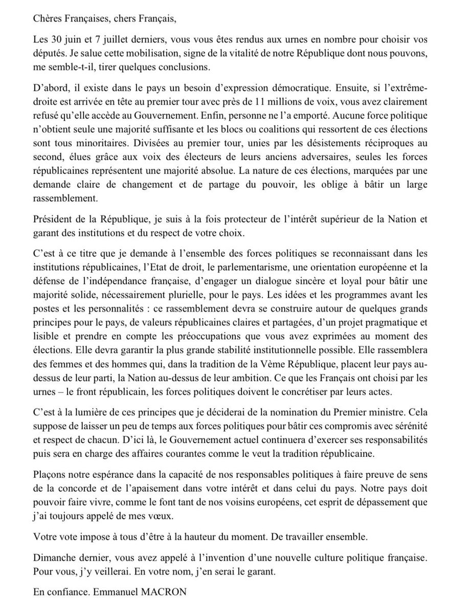 Clem_Autain's tweet photo. La brutalisation comme mode de gouvernance, même dos au mur.
Hallucinante lettre d'Emmanuel Macron qui demande aux députés de s'arranger pour ne pas écouter le vote des Français pour le Nouveau Front Populaire.
Ce n'est pas comme cela que nos institutions fonctionnent. https://t.co/X87m1m3bNm