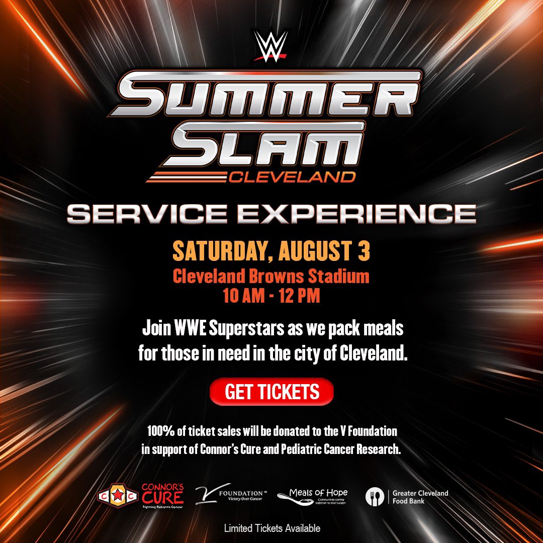 Join me and <a href="/WWE/">WWE</a> Superstars at the <a href="/SummerSlam/">WWE SummerSlam</a> Service Experience! Give back to the Cleveland community at a one-of-a-kind service experience and support Connor’s Cure. Buy your tickets now at: vfoundation.donordrive.com/index.cfm?fuse…