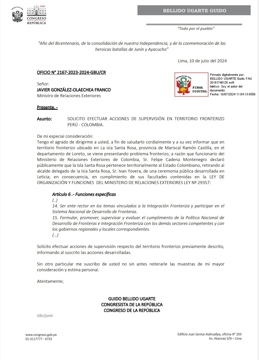 El Gobierno peruano rechazó tajantemente las declaraciones del director de Soberanía Territorial de la Cancillería del país vecino.   