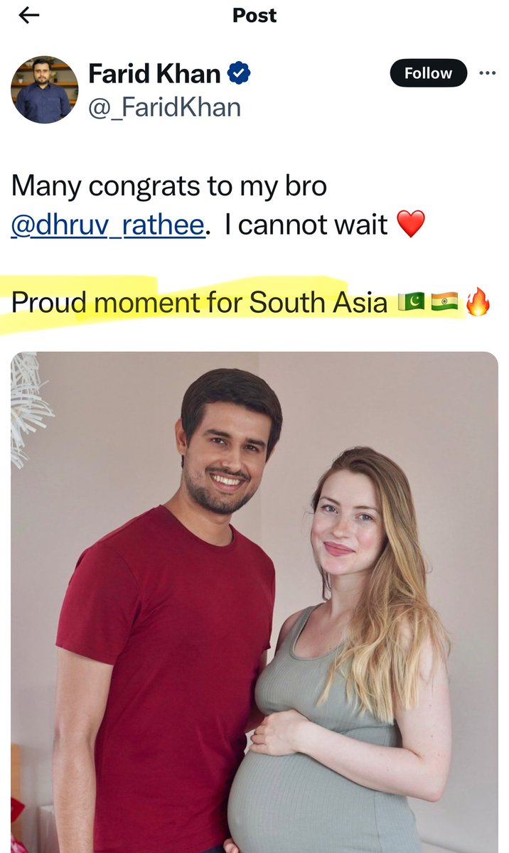 rupamurthy1's tweet photo. Not sure why it is a Proud moment for South Asia if Dhruv Rathee’s wife is pregnant…. https://t.co/XsAeKhbHrC