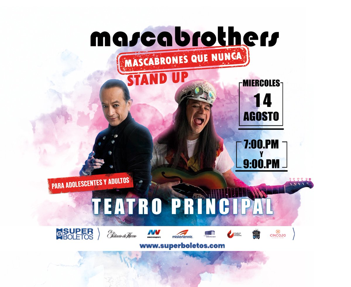 ✨ Los <a href="/RMascabrothers/">Los Mascabrothers</a>, <a href="/freddymasca1/">Freddy Ortega</a> y <a href="/OrtegaGerman/">German Ortega</a>, regresan a #Puebla  con "𝐌@𝐒𝐂𝐀𝐁𝐑𝐎̃𝐍𝐄𝐒 que nunca", un show de #standup para adolescentes y adultos 🕺🏽🕴🏼.

🗓️ Miércoles 14 de agosto 
🏛️ Teatro Principal de Puebla
⏰ 2 funciones 7:00 y 9:00 pm

Venta de boletos en