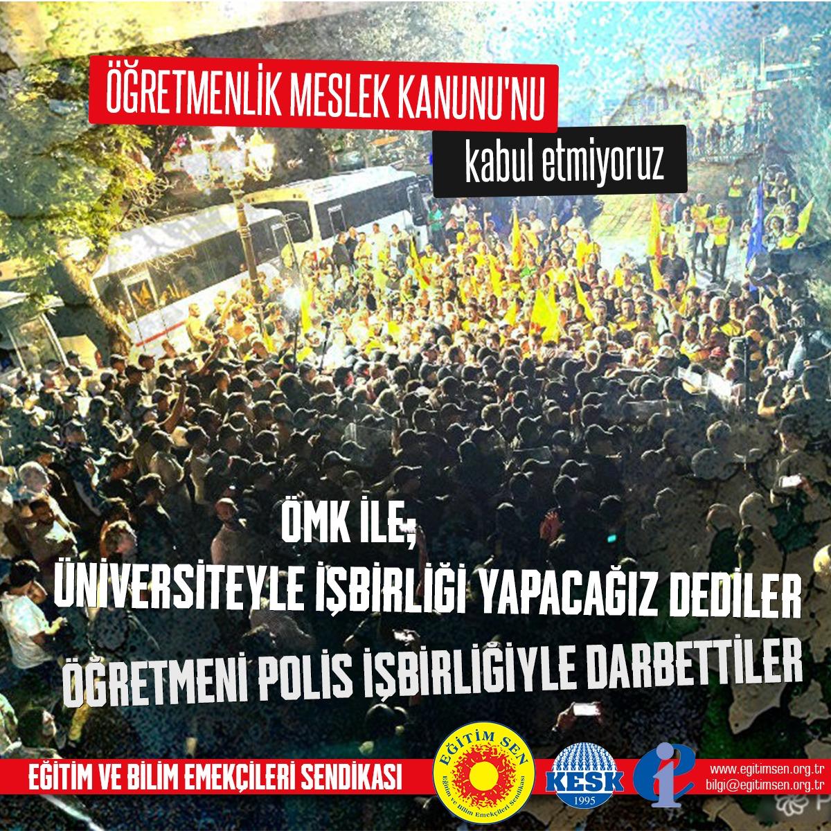 egitimsenizmir6's tweet photo. Dün Ankara’nın göbeğinde, çetelere, mafyalara, rantçılara, depremde on binlerin ölümüne neden olan müteahhitlere kurulmayan barikatlar öğretmenlere, sendika üye ve yöneticilerimize; kuruldu.
Arkadaşlarımız darp edilerek gözaltına alındılar.
#öğretmeneşiddetömkyireddet https://t.co/LSf4H9jCew