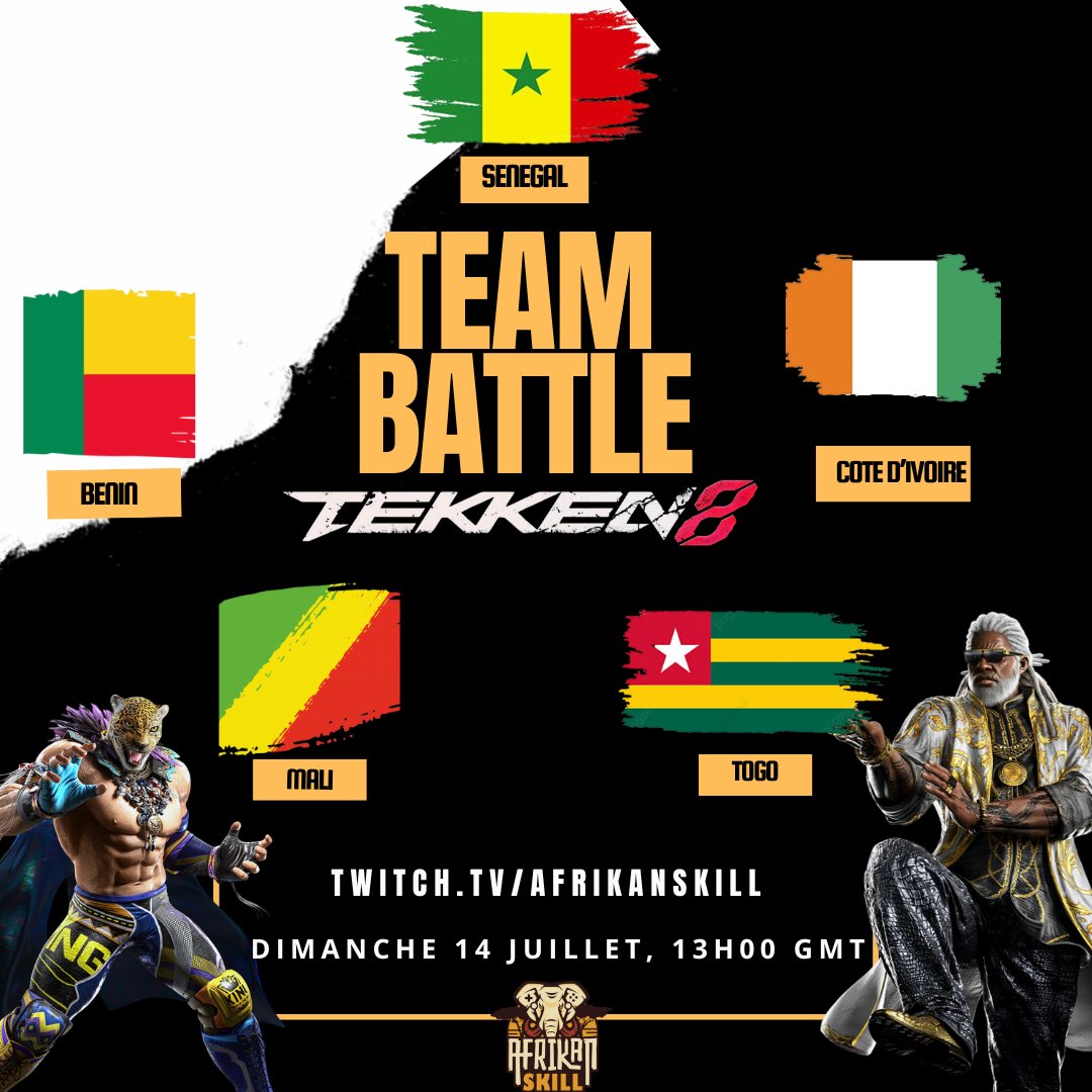 🚨Hello Gamers🚨
Join us this Sunday for a fun Tekken 8 Team battle🥊 showcasing our West African communities talents🎮🔥
📅Sunday 14 July 
🕐13h00 GMT
📺 twitch.tv/afrikanskill
🎙️ <a href="/Al_Gorbiaga/">🇨🇮 Albéric Atchadé</a>