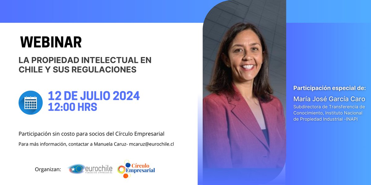 Eurochile_'s tweet photo. 📅Último día para participar del webinar "La Propiedad Intelectual en Chile y sus Regulaciones", impartido por María José García de #INAPI.

👉 Si deseas unirte, escríbenos a mcaruz@eurochile.cl o a abulo@eurochile.cl

#Eurochile https://t.co/OCn4leYy0u