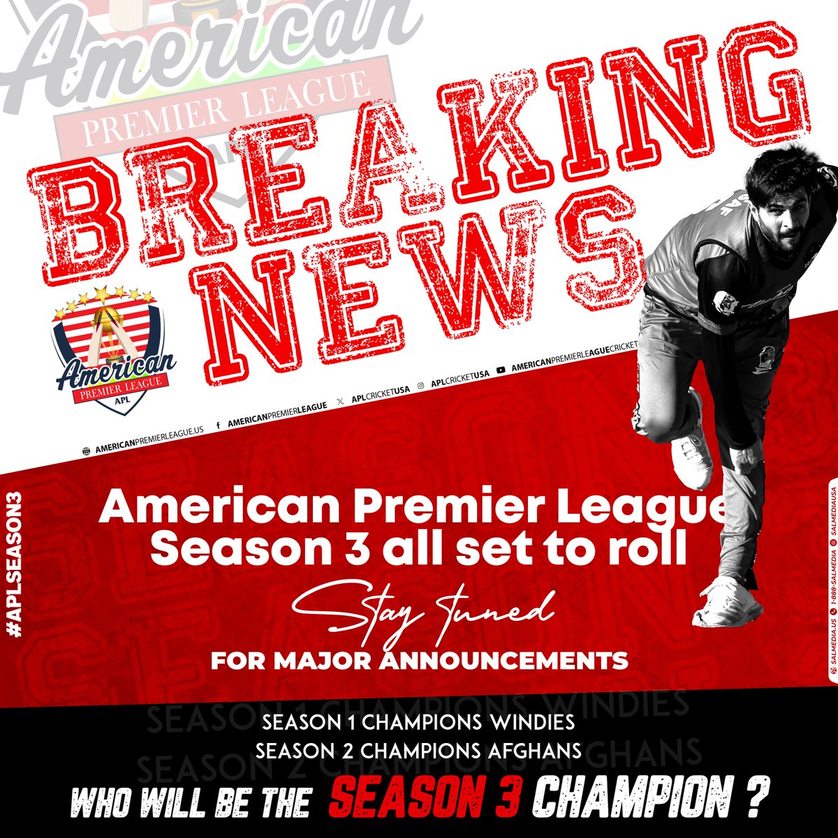 Breaking News! 

The American Premier League (APL) is back with a bang! We are thrilled to announce the highly anticipated Season 3 of APL, bringing you more thrilling T20 cricket action!   #APL #AmericanPremierLeague #BreakingNews #Season3 #T20Cricket #USACricket