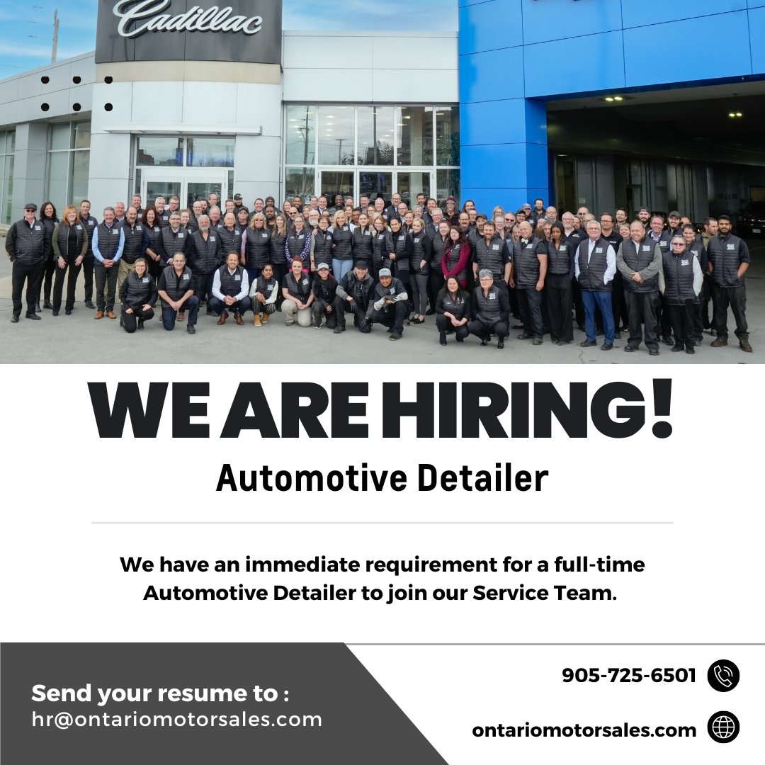 We are looking for an experienced full-time Automotive Detailer! If you are interested in joining our Service Team, please forward your cover letter and resume to hr@ontariomotorsales.com