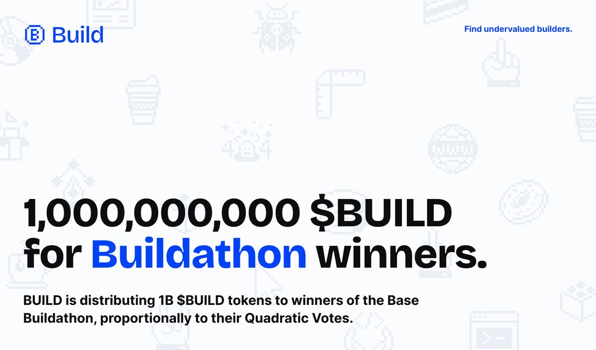 buildtokenbase's tweet image. 🫡 BUILD is distributing 1B $BUILD tokens to the winners of the Buildathon Quadratic Voting.

After sponsoring /base-builds on Farcaster with 4ETH in $BUILD, we continue to support @Base builders during Onchain Summer.

Link to vote below 👇