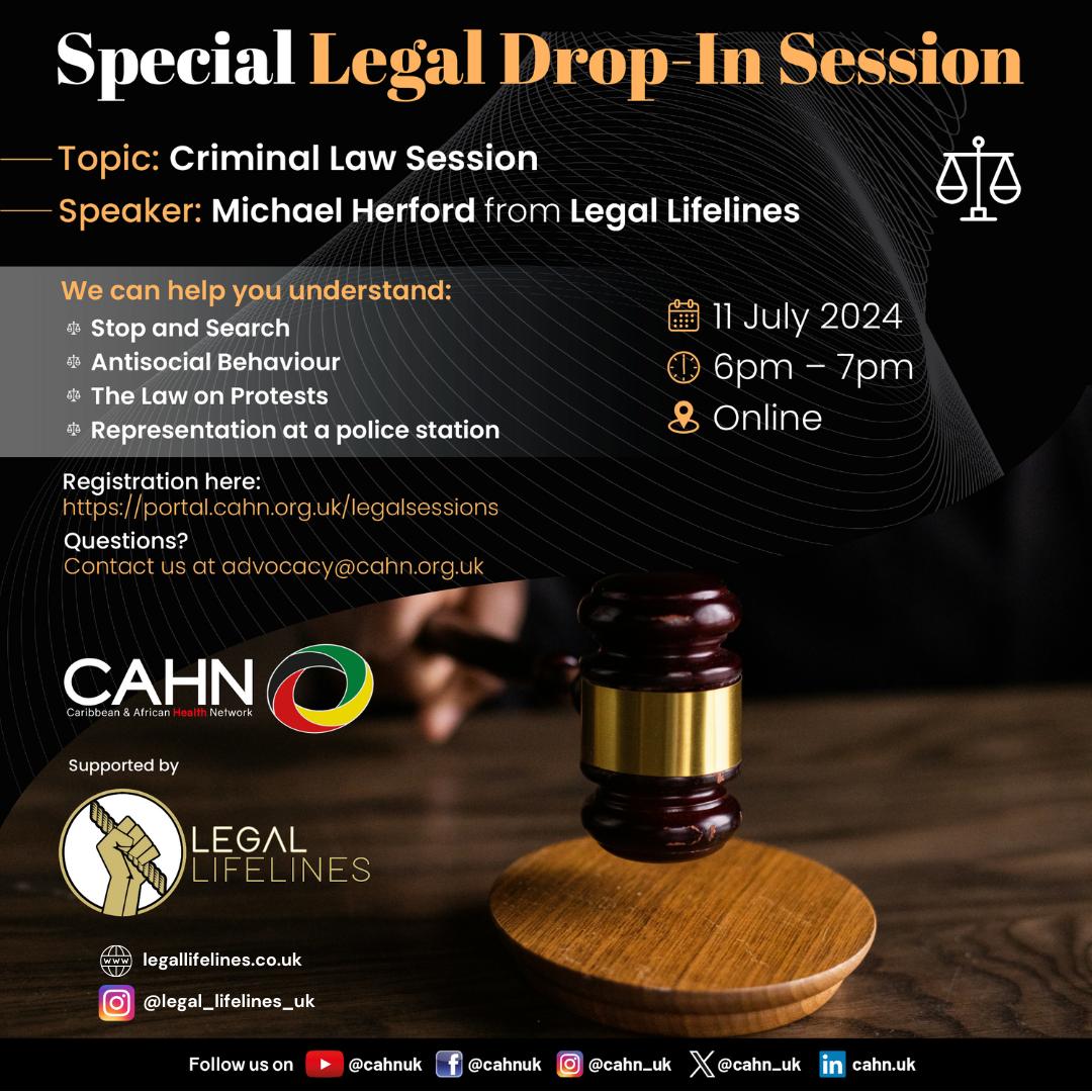 We are proud to be assisting the community with an online legal drop in session tomorrow from 6-7 pm. Click the link below to join…
portal.cahn.org.uk/legalsessions
#unity #community #justice