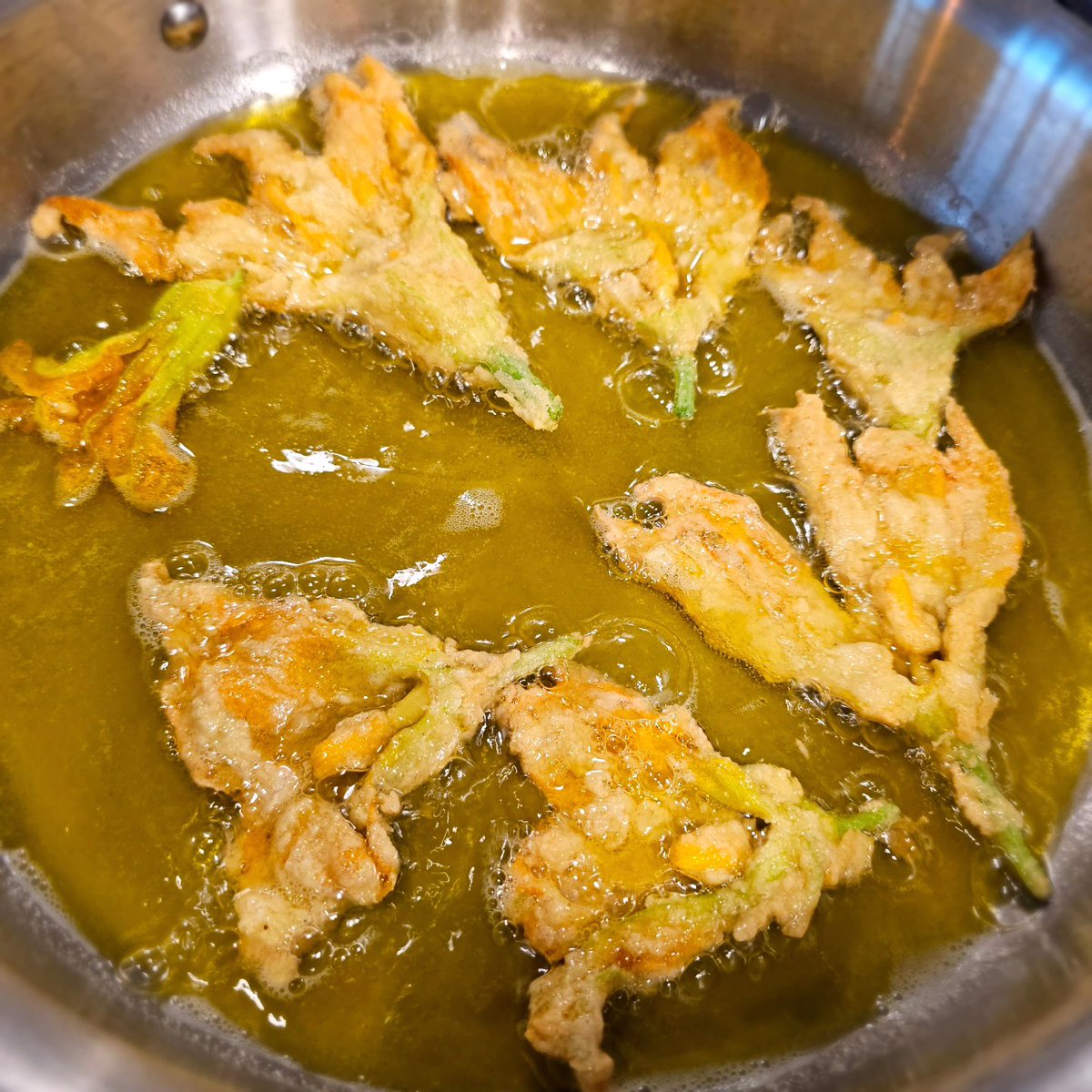 AMadeOfAllWork's tweet image. Olive oil fried zucchini flowers from my father's Staten Island garden.  Battered in flour, garlic, and salt. This is the edible, crispy, nostalgic pefection of my childhood. 👌🏻 

#zucchini #zucchiniflowers #friedfood #edibleflowers #italianamerican #gardening