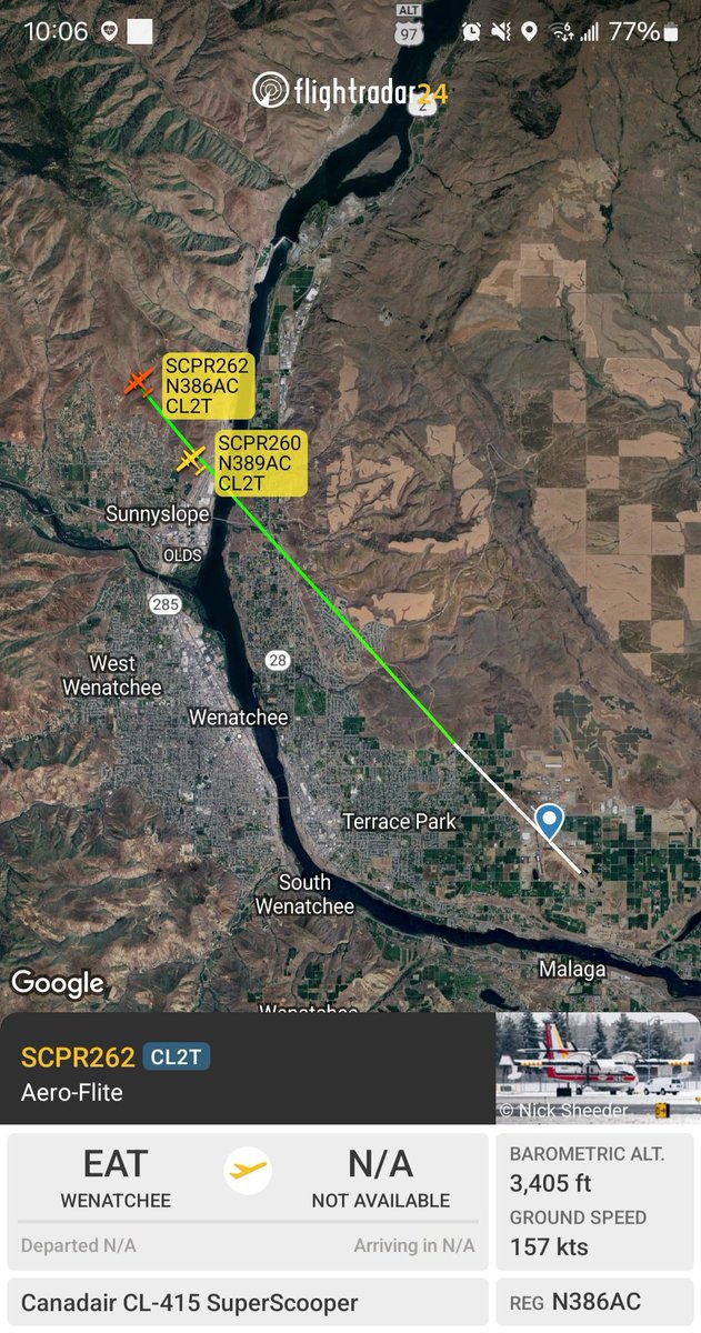 Borrowed7Time's tweet photo. Sky High Leasing Rockwell 690A N76WA #AA4124 circling over the 102-acre #ShooflyFire as an air attack platform.
Aero-Flite CL-415 SuperScooper x2 en route.
N386AC #A47197 SCPR262
N389AC #A47CBC SCPR260 https://t.co/zHKKaeyCym