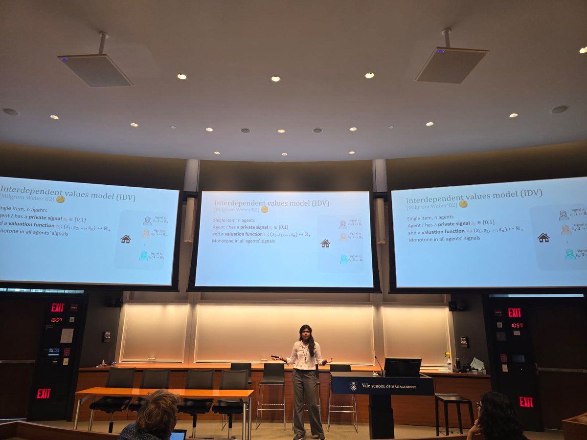 Michal Feldman (@michalfeldman9) on Twitter photo Very proud of my postdocs <a href="/DivyarthiMohan/">Divyarthi Mohan</a> and Vishnu for their great talks at #EC2024. Divya presented an approximation mechanism for interdependent values (arxiv.org/abs/2310.00958). Vishnu presented a new fairness notion with universal feasibility (arxiv.org/abs/2312.01874). Very proud of my postdocs <a href="/DivyarthiMohan/">Divyarthi Mohan</a> and Vishnu for their great talks at #EC2024. Divya presented an approximation mechanism for interdependent values (arxiv.org/abs/2310.00958). Vishnu presented a new fairness notion with universal feasibility (arxiv.org/abs/2312.01874).