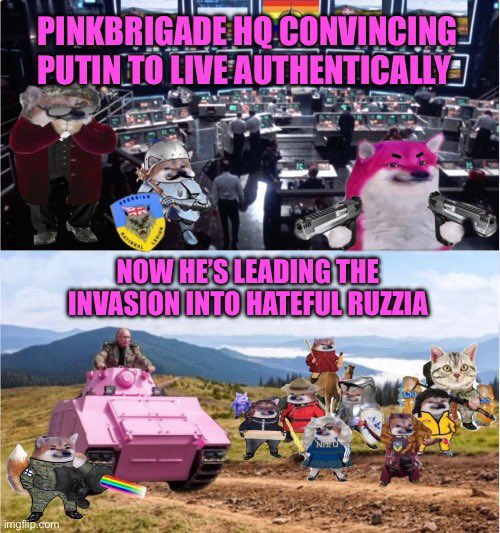 Bonkathan's tweet photo. @CanadianKobzar We have #NAFO #pinkbrigade you can commandeer a pink tank or something @DerSchneewolf9 https://t.co/3HhUcyrF3T