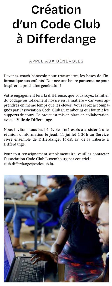 CodeClubLux's tweet image. Envie de montrer aux enfants comment créer leurs propres jeux vidéo ? Et de l'apprendre toi-même en même temps ?
Alors viens te renseigner ce jeudi 11/7 à 20h à Differdange !