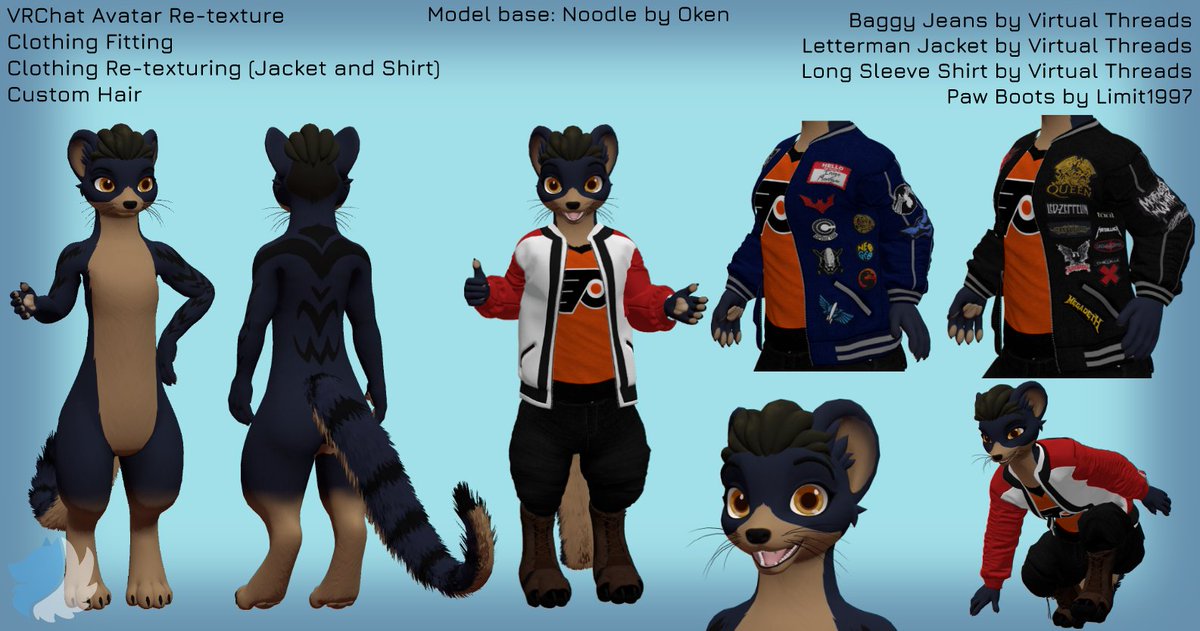I had a blast working on Calamity for <a href="/CalamityCoati/">Calamity Coati</a>! You've been an absolute pleasure to work with!💙
Avatar base by <a href="/OkenHax/">Oken ~♥</a>
Boots by Limit1997
Clothing by <a href="/VirtualThreadVR/">Virtual Threads</a>

#vrchat #furryvrchat #retexture #furry #fursona