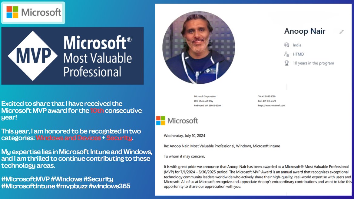 htmdglobal's tweet photo. 🥇On 10th July 2024, I am thrilled to announce that I have been honored with the 🔟th Microsoft MVP Award for my outstanding contributions to the Technical community! 

This year, I am proud to receive awards in two categories and two technology areas:

✅ Award Categories: Microsoft Security and Windows & Devices.
✅ Technology Areas: Microsoft Intune and Windows.

Thank you to everyone who has supported me on this incredible journey. I am grateful for the opportunity to make a positive impact in these areas.