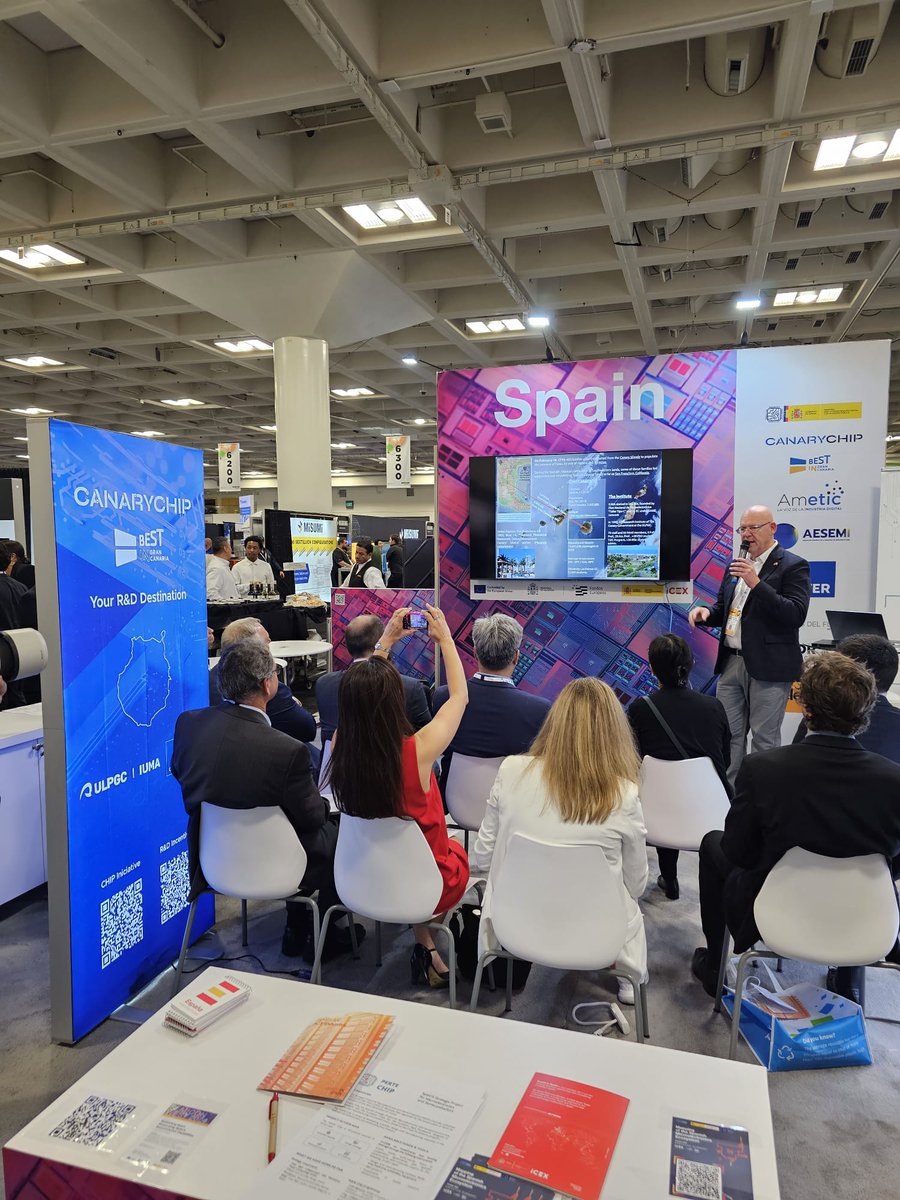 SPEGC's tweet photo. La #SPEGC participa estos días en la feria #SEMICONWEST en San Francisco, donde hemos asistido a la charla de Juan A. Montiel-Nelson, catedrático del #IUMA de la @ULPGC; Jaime Martorell, comisionado del #PERTECHIP, y Alfonso Gabarrón, gerente de @_AESEMI. https://t.co/K0hgxZ2aYC