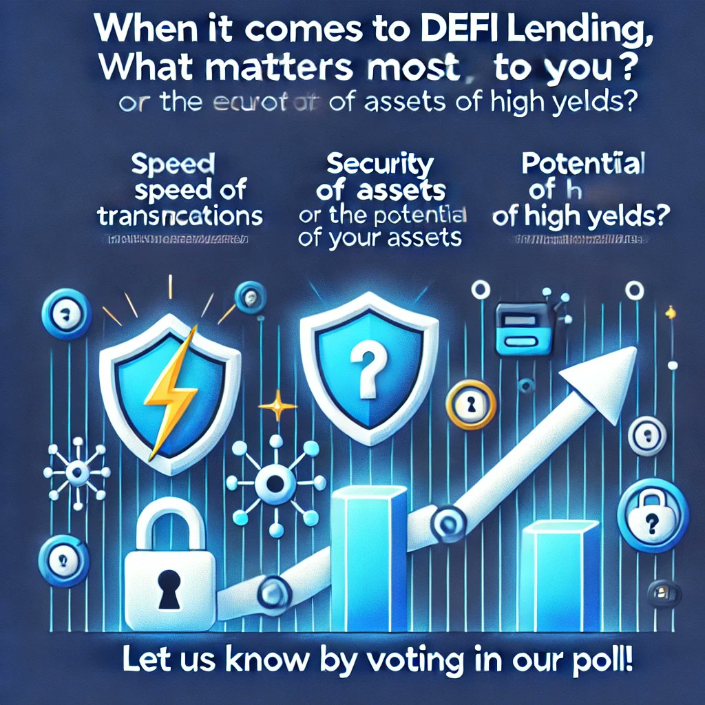 jajalending's tweet photo. When it comes to DeFi lending, what matters most to you? 🤔 Is it the speed of transactions, the security of your assets, or the potential for high yields? 

Let us know by voting in our poll! https://t.co/Uu6c6kyRCT