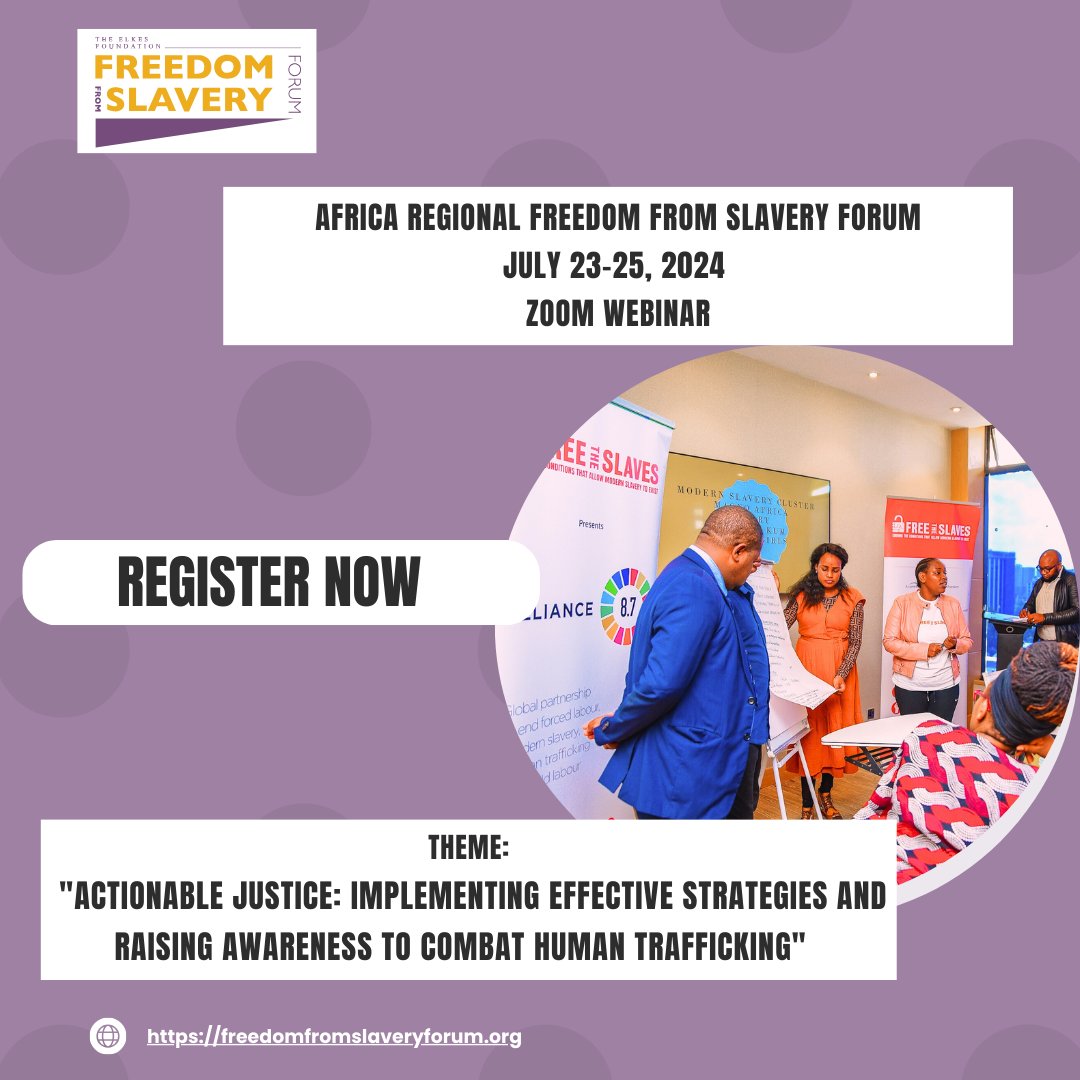 Register Now!
Let's galvanize action among governments, NGOs, businesses, civil society, and survivors to develop an action plan focused on preventing modern slavery, protecting victims, and prosecuting perpetrators.

Register Now: shorturl.at/rzssM
