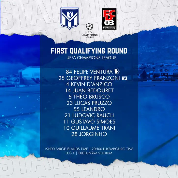 UpdaterFutbol's tweet image. #ChampionsLeague
Qualy
1° Round, 1st leg
19:00
#Klaksvik 🇫🇴 - #Differdange 🇱🇺

🏁 David Munro 🏴󠁧󠁢󠁳󠁣󠁴󠁿
🏟️ Við Djúpumýrar, Klaksvík 🇫🇴