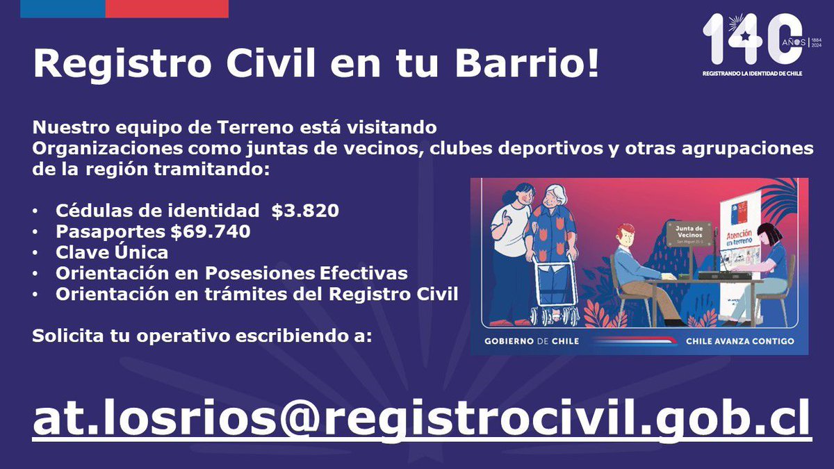 En <a href="/RCivil_LosRios/">Registro Civil Los Ríos</a> nuestro equipo de atención de Terreno se desplaza para atender las solicitudes de nuestros usuarios y usuarias.

Nos encontramos visitando a Organizaciones como juntas de vecinos, clubes deportivos y otras agrupaciones.