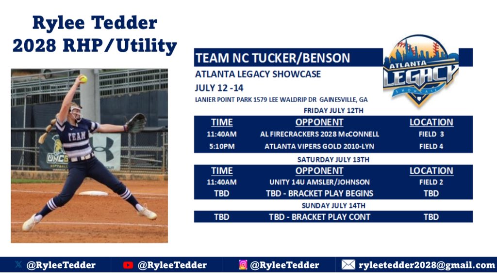 RyleeTedder's tweet photo. So excited to be back on the dirt this weekend with my team at the Atlanta Legacy Showcase! I hope to see you there! #lyls💡✝️ @TeamNCSoftball @TeamNCTB @ExtraInningSB @LegacyLegendsS1 @LineDsoftball https://t.co/aXcdrfO1h0