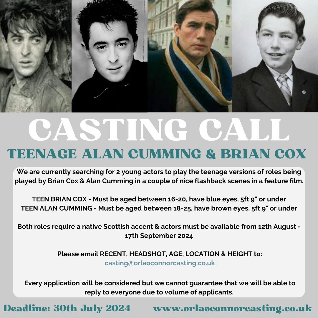 ✨🎬AND ANOTHER ONE...🎬✨ We are currently searching for two talented young actors to play the teenage versions of roles being played by Brian Cox and Alan Cumming in some beautiful flashback scenes for an upcoming feature film! If you fit the criteria below, get in touch!