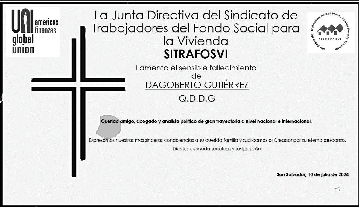 La Junta Directiva del Sindicato de Trabajadores del Fondo Social para la Vivienda, lamenta el sensible fallecimiento del Maestro #DagobertoGutiérrez.

Expresamos nuestras condolencias a su querida familia.