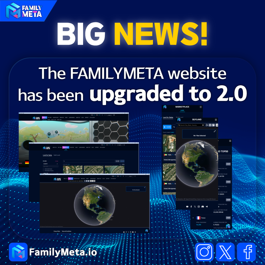 _FamilyMeta's tweet photo. BIG NEWS!

THE FAMILYMETA WEBSITE HAS BEEN UPGRADED TO 2.0

CHECK OUR WEBSITE HERE: https://t.co/aDNFK6E1P0

#BigNews #BreakingNews #FamilyMeta #Marketplace #Metaverse https://t.co/Oon001eshG