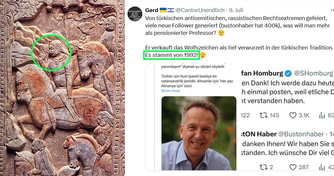 Links: Der traditionelle Wolfsgruß auf einem Sarg aus vorislamischer Zeit (6. Jahrhundert).

Rechts: SPD-Impfluenzer „Gerd” beleidigt sämtliche Turkvölker und behauptet ohne Beleg, das Wolfszeichen gebe es erst seit 1992.

Rotgrüne schreiben das Wolfszeichen einer politischen