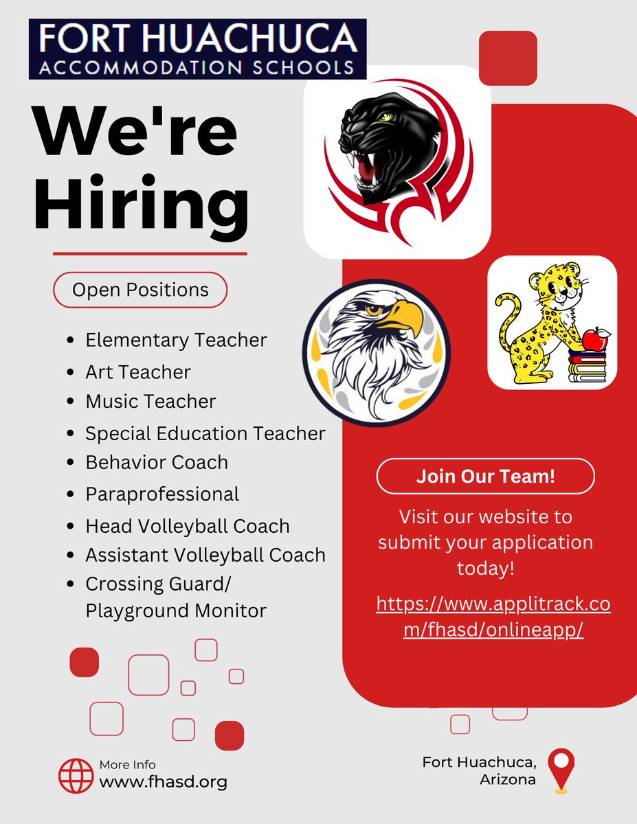 FortHSchools's tweet photo. Fort Huachuca School District is hiring! Apply now at https://t.co/NSV4ozsfWe https://t.co/t4d2LwCyUe