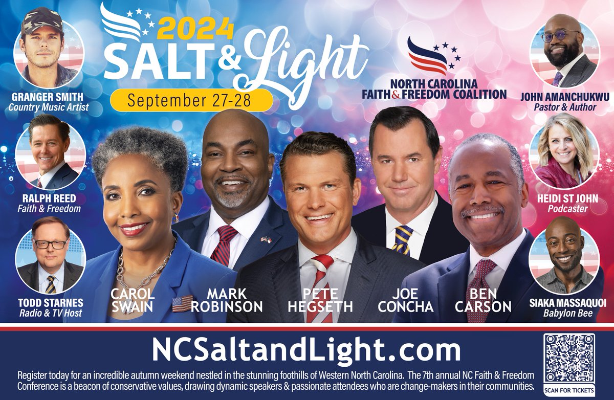 carolmswain's tweet photo. 🌟 Excited to join NC Faith &amp; Freedom’s 2024 Salt &amp; Light Conference this fall in Marion, NC. See you at Nebo Crossing Church for a weekend of inspiring discussions! #SaltAndLight2024
 #FaithAndFreedom #NCEvent

👉🏻 https://t.co/NfQCRdaqv1 https://t.co/IrVUKnDPi3