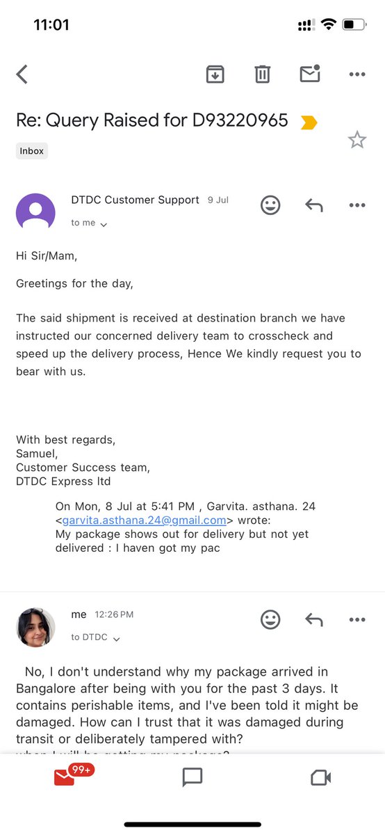 24Garvita's tweet photo. @DTDCIndia consignment number D93220965 It came to Bangalore on 7 July still you are not able to deliver it to desitination. Some called me and told it had mangoes and now parcel is damaged do you want it I said yes I want it in however condition.
@DTDCIndia tell me why? https://t.co/Sd1Wm7xNFB