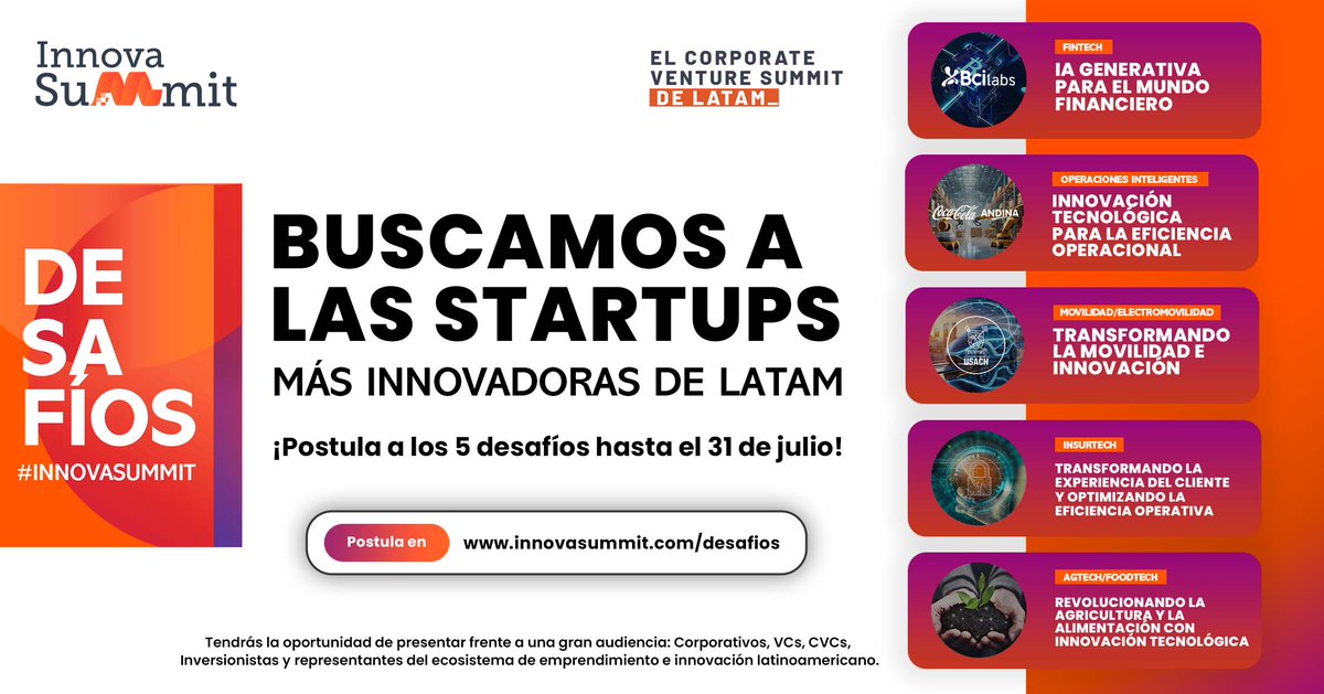 Atención Startups!! Presenta tu solución en InnovaSummit 2024 👏 

Puedes ser una de las 25 finalistas de los 5 desafíos de innovación abierta en el Corporate Venture Summit de LATAM este 4 y 5 de septiembre.

Postula hasta el 31 de julio en innovasummit.com/desafios 🖥️