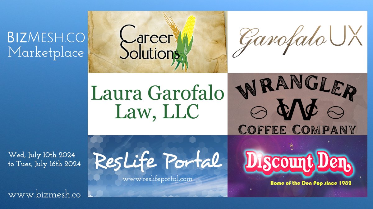 bizmesh's tweet photo. Weekly Marketplace! Check out Career Solutions Co., Garofalo UX, Laura Garofalo Law, Wrangler Coffee Company, ResLife Portal, &amp; Discount Den. https://t.co/8H9mdpg7EL #entreprenuer #entreprenuership #smallbiz #smallbusiness #BizMesh #MeshTogether #supportsmallbusinesses https://t.co/scKeessFwW