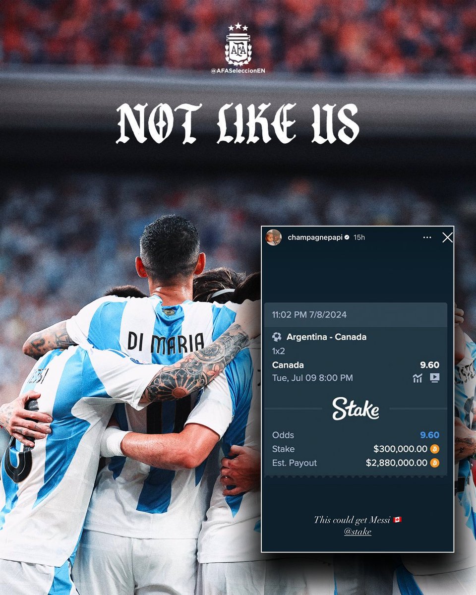FOXSoccer's tweet photo. Argentina posted "Not Like Us" after Drake placed a 300k bet on Canada to beat them 👀🇦🇷 https://t.co/Kv6xTeOIBU