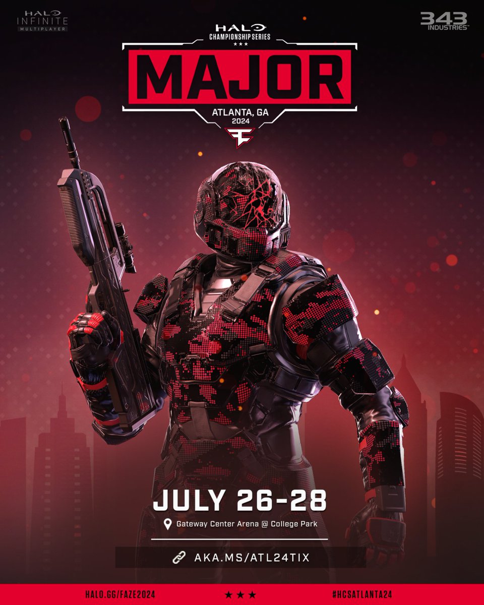 Join us live at #HCSAtlanta24 Major! Tickets and Team Passes are available now 🎟️

📅 July 26-28 
📍 Atlanta, GA 
🏆 Halo.gg/FaZe2024