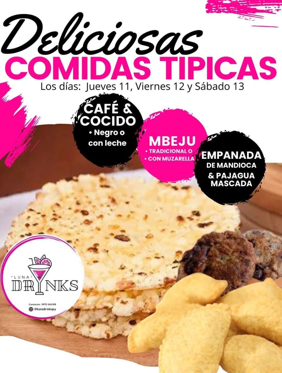 Buenas gente, desde mañana en nuestro puesto de Luna Drinks vamos a  estar vendiendo comidas típicas, estamos en lugar de siempre!!
Esquina mismo de la comisaría 3ra de Luque, peatonal🫶 Los esperamos 🤞🙏