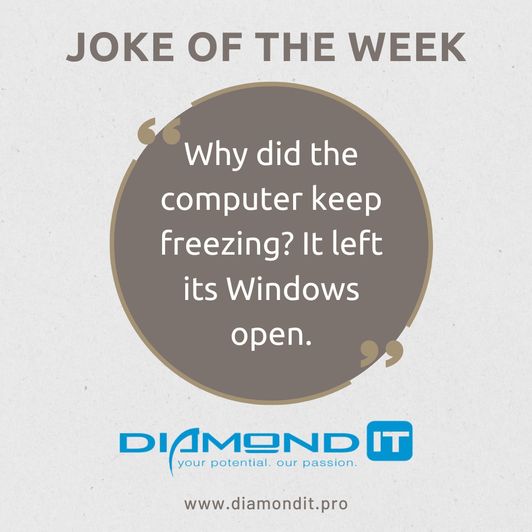 DiamondITPro's tweet image. Happy Hump Day. It's week 2 of our IT joke sharing extravaganza! Who's ready for some more mid-week laughs and head shakes? 🤓💻

#ITJokes #DadJokes #MidWeekHumor