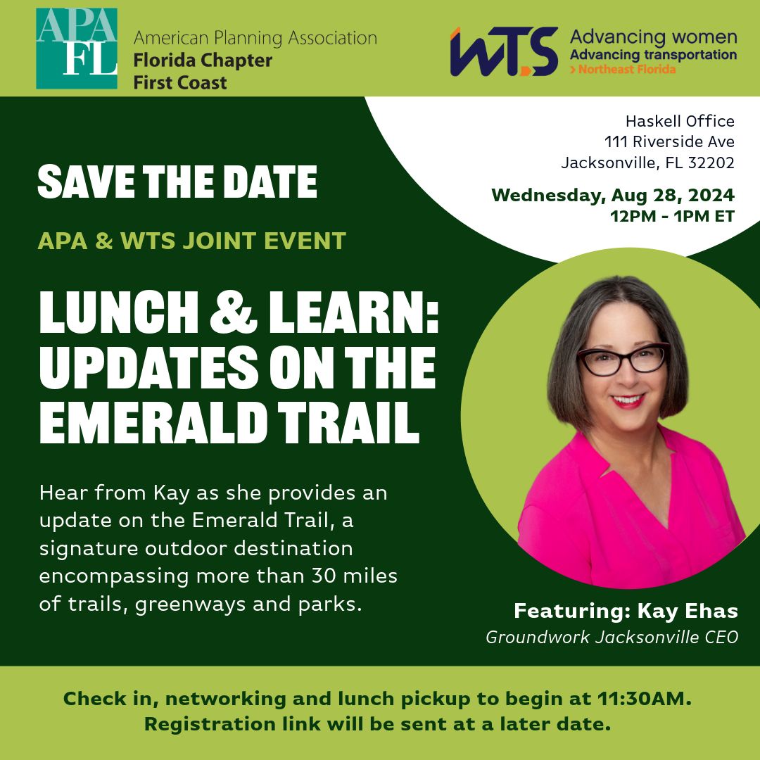 wtsnefl's tweet photo. Save the Date: Emerald Trail Updates Lunch &amp; Learn

APA / WTS Joint Event 

Mark your calendars for Aug 28th &amp; join us to hear from Kay as she provides an update on the Emerald Trail, a signature outdoor destination encompassing more than 30 miles of trails, greenways and parks. https://t.co/s5BYpJgIWe