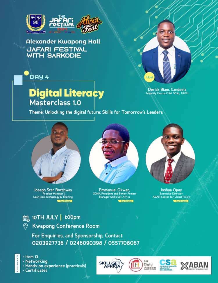 _PMCG's tweet photo. University of Ghana, are you ready? ๐
Join the Digital Literacy Masterclass 1.0 with Alexander Kwapong Hall.
Theme: Unlocking the Digital Future: Skills for Tomorrow's Leaders
๐๏ธ 10th July | ๐ Kwapong Conference Room
Elevate your digital skills with us. #DigitalMasterclass https://t.co/9rWRTFIVDt