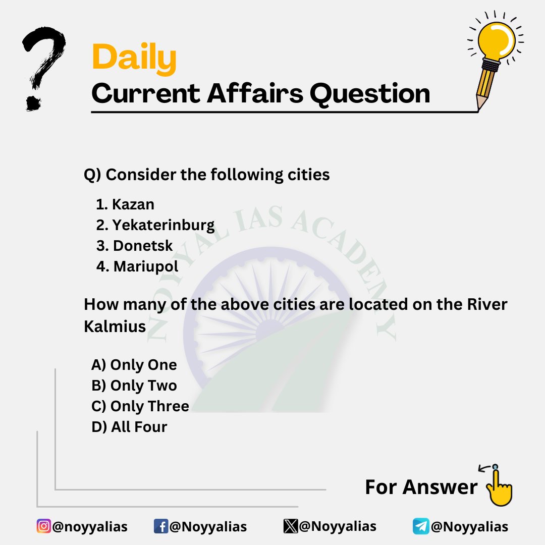 Noyyalias's tweet photo. Daily Current Affairs Question (10-07-2024)

Follow us for regular CA updates

#UPSCaspirants #UPSC #UPSC2024 #upscprelims #UPSCPrelims2024 #Donetsk #Mariupol #kalmius #IRforupsc https://t.co/W5wTCjBMWg