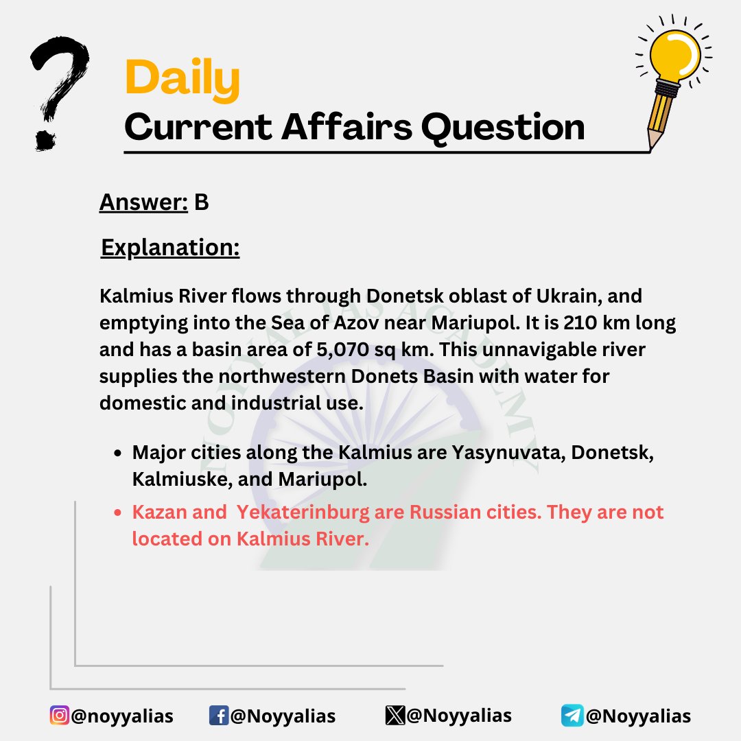 Noyyalias's tweet photo. Daily Current Affairs Question (10-07-2024)

Follow us for regular CA updates

#UPSCaspirants #UPSC #UPSC2024 #upscprelims #UPSCPrelims2024 #Donetsk #Mariupol #kalmius #IRforupsc https://t.co/W5wTCjBMWg