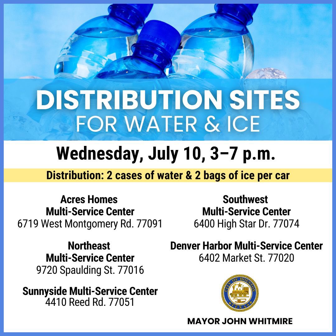 CarolforTexas's tweet image. Today water and ice distribution sites are opening across @HoustonTX.

These are drive through sites where each car will receive two cases of water and two bags of ice.

They will be open from 3pm-7pm today.